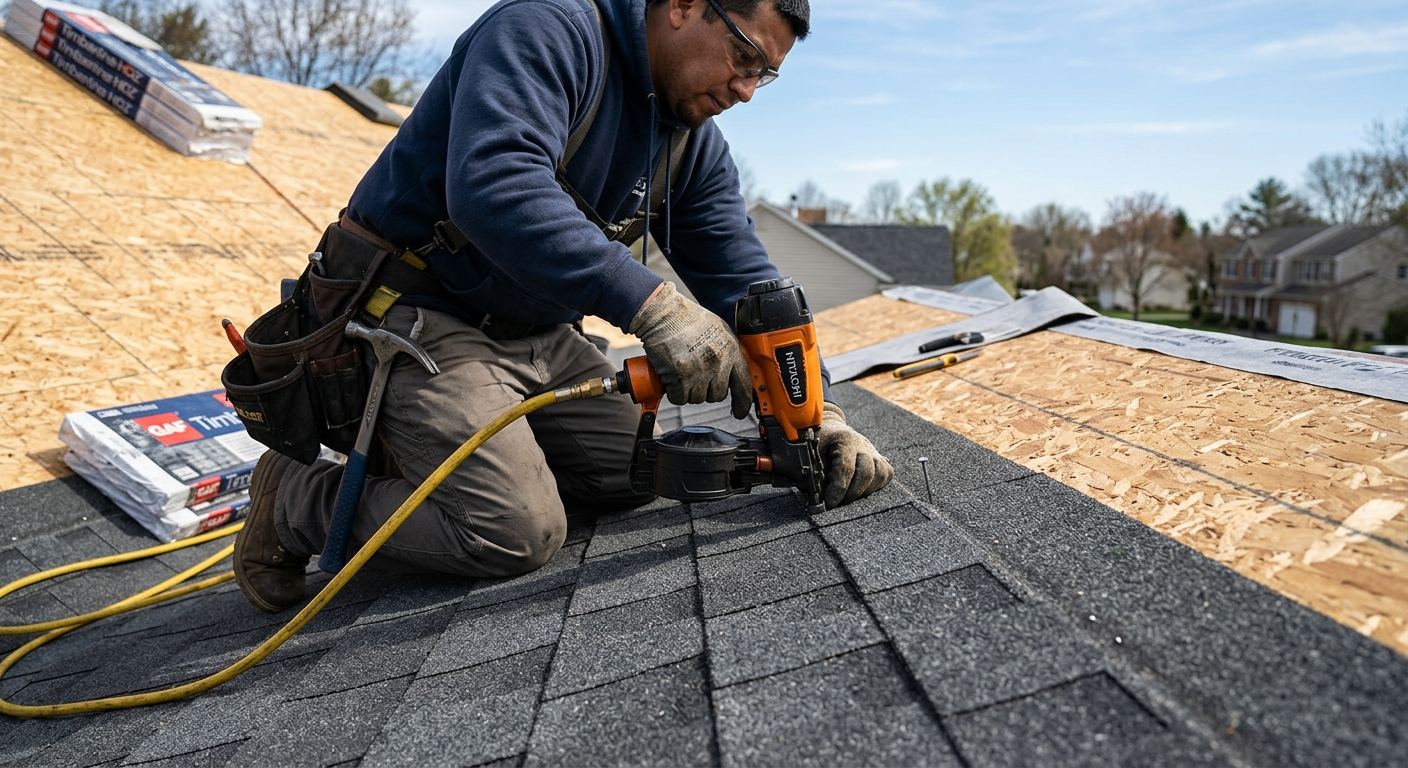 Newly installed residential roof with clean shingle lines